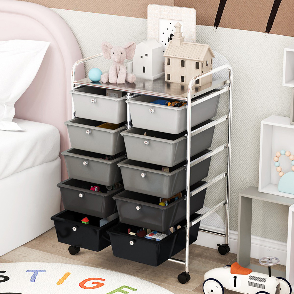 Costway 10 Drawer Black and Grey Storage Rolling Cart Image 5