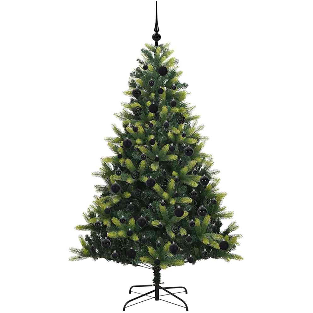 vidaXL Pre-Lit Black Baubles Green Artificial Hinged Christmas Tree 6ft Image 4