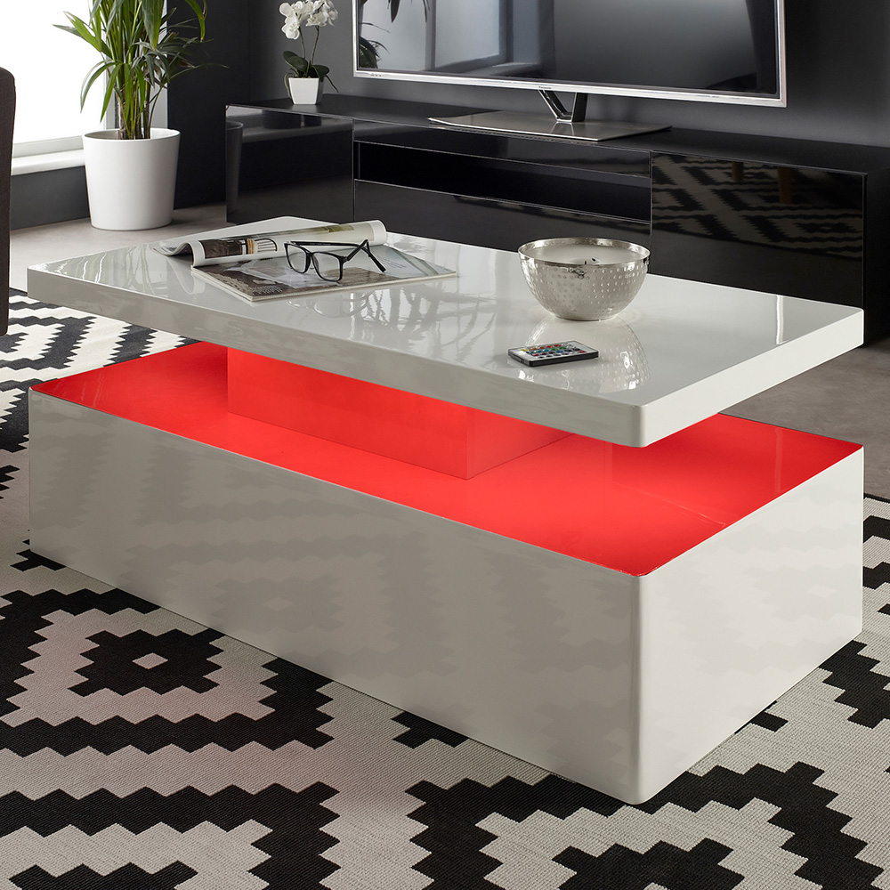 MMT Furniture Designs High Gloss White Rectangle Coffee Table with LED Lights Image 1