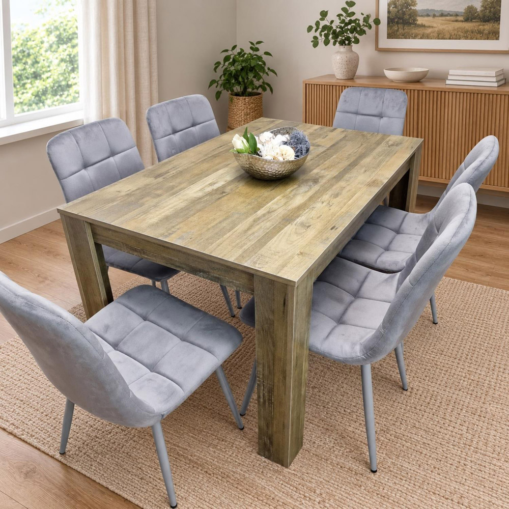 Portland 6 Seater Dining Set Rustic Effect and Grey Velvet Image 1