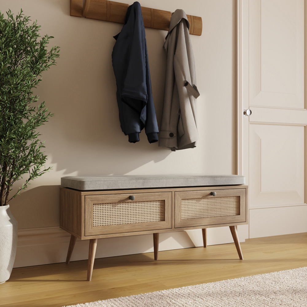 GFW Noor 2 Drawer Oak Rattan Shoe Cabinet with Cushioned Seat Image 7