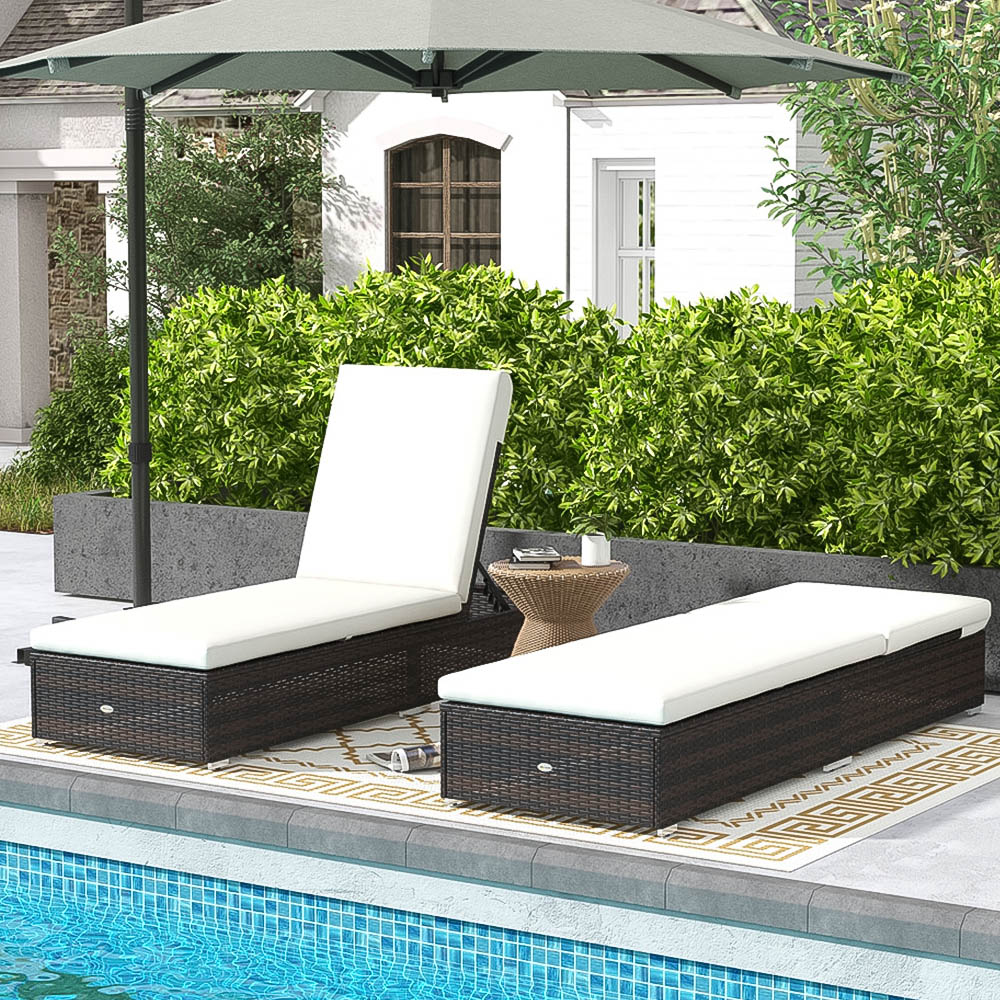 Outsunny Set of 2 Brown and Cream Rattan Reclining Sun Lounger Image 1