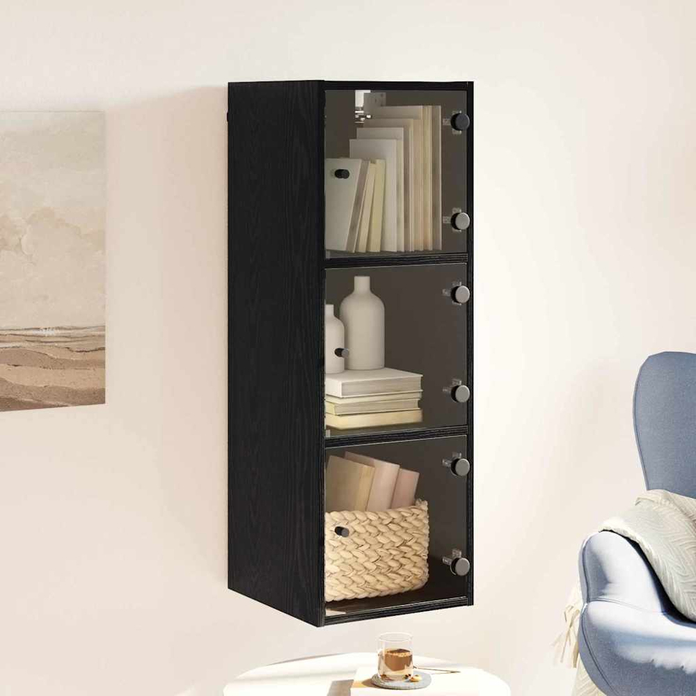 vidaXL 3 Glass Door Black Oak Wall Cabinet Image 9