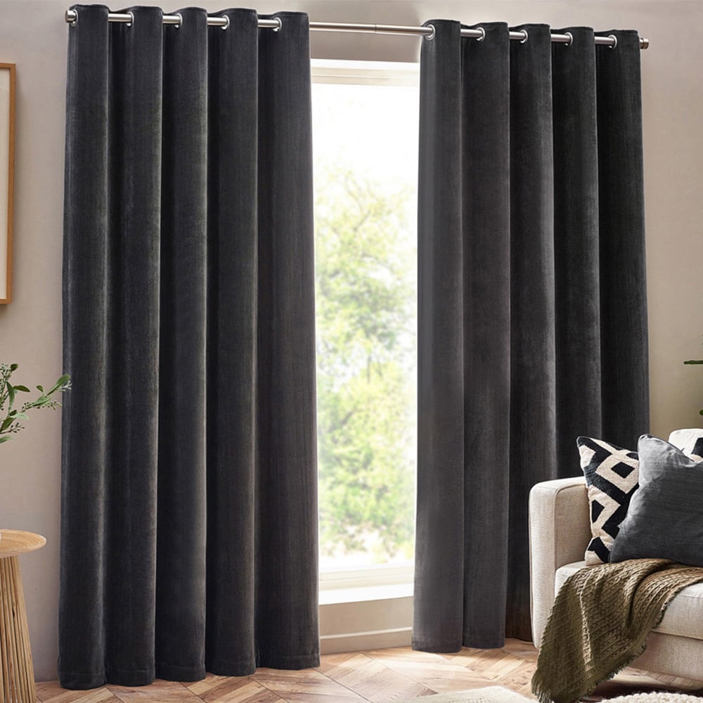 Yard Charcoal Heavy Chenille Velvet Eyelet Curtain 168 x 137cm Image 1
