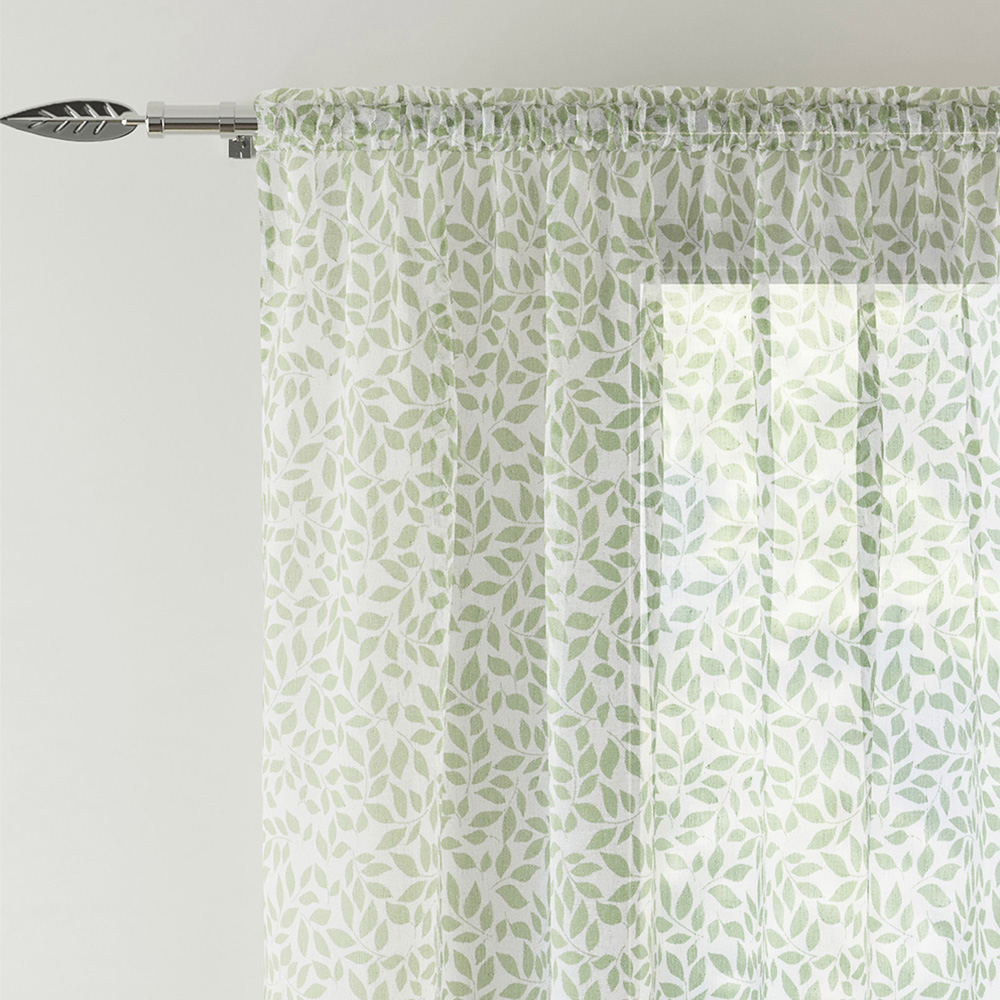 Tyrone Textiles Willow Green Leaf Print Linen Look Rod Pocket Voile Panel Curtains 140 x 229cm Image 2