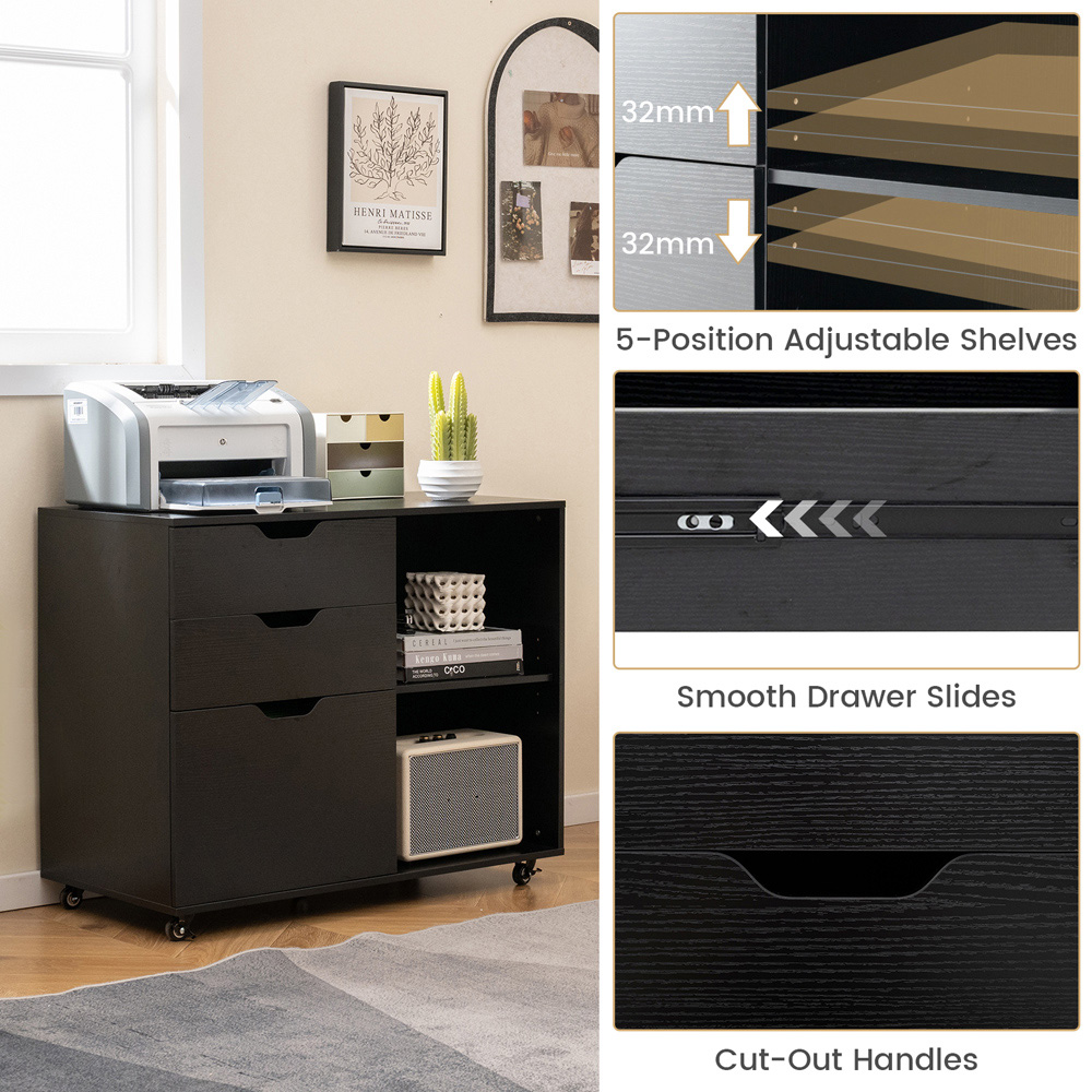 Costway 3 Drawer 2 Shelf Black Mobile File Cabinet Image 5