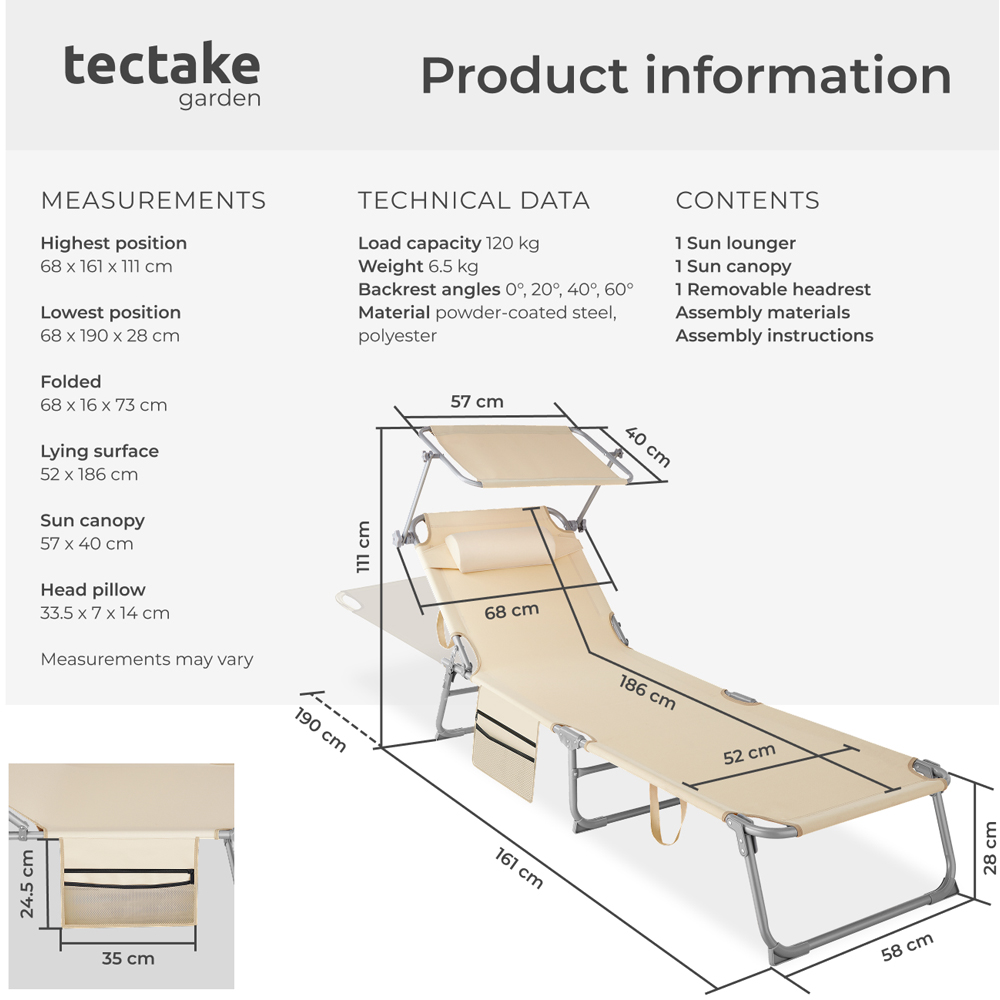 tectake Beige Foldable Sun Lounger with Sun Canopy Image 9