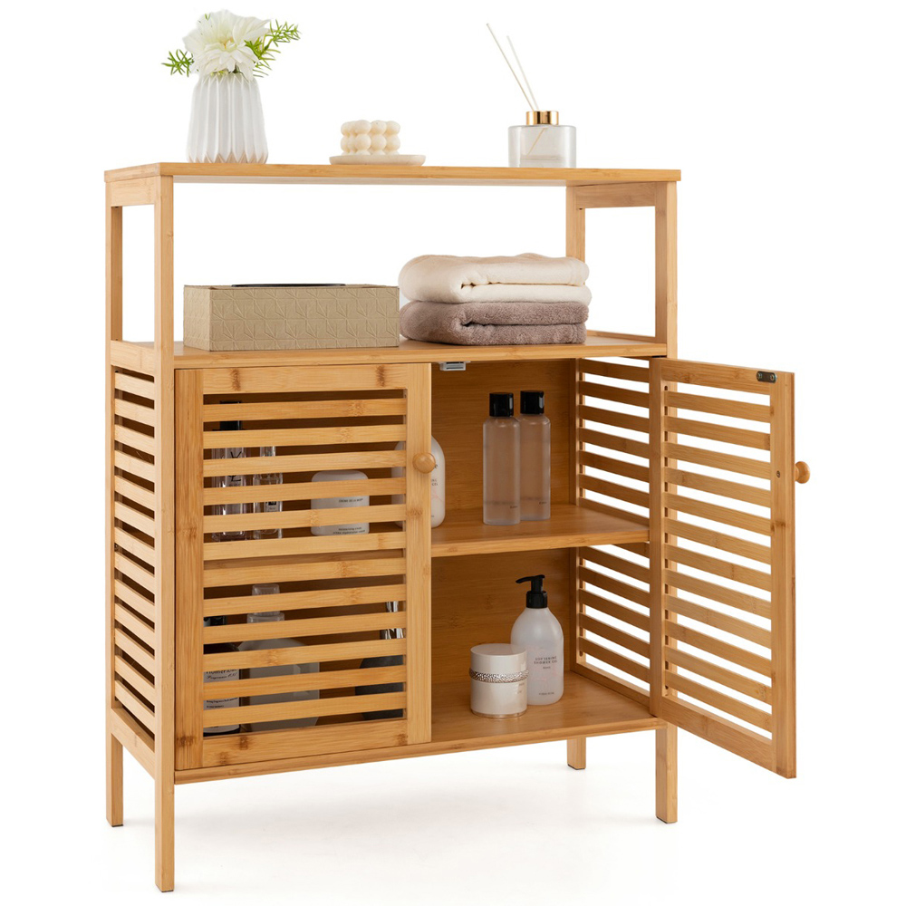 Costway 2 Door Single Shelf Natural Bamboo Storage Cabinet Image 3