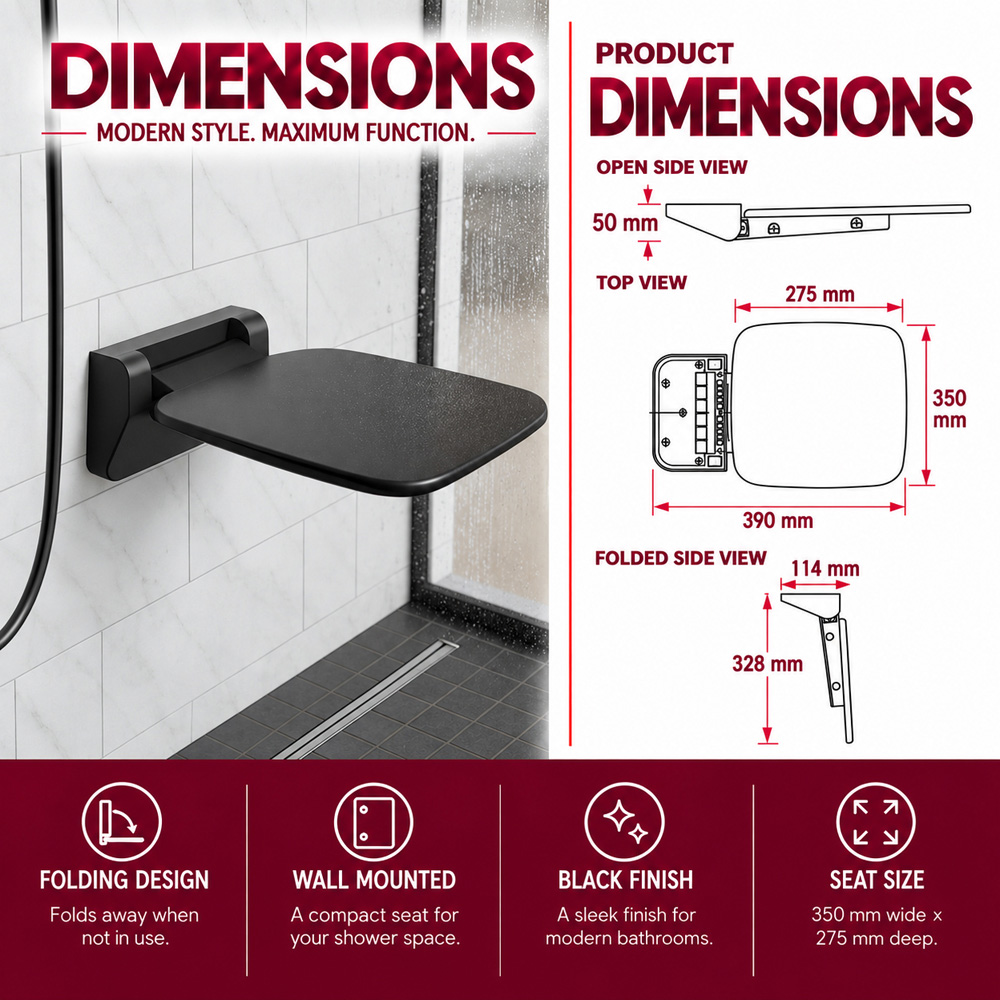 Go Bathrooms Matt Black Plastic Modern Wall Mounted Heavy Duty Shower Seat Image 4