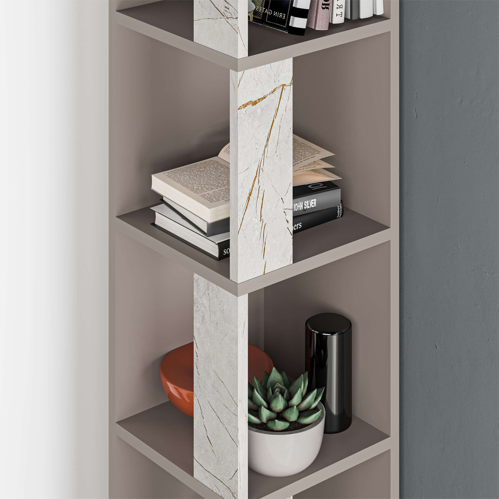 Decortie Piano Mocha Grey and Gold Marble Effect Tall Corner Bookcase Image 3