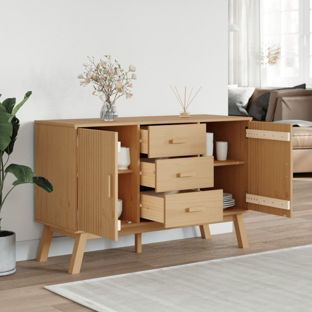 vidaXL Olden 2 Door 3 Drawer Brown Solid Pine Wood Sideboard Image 9