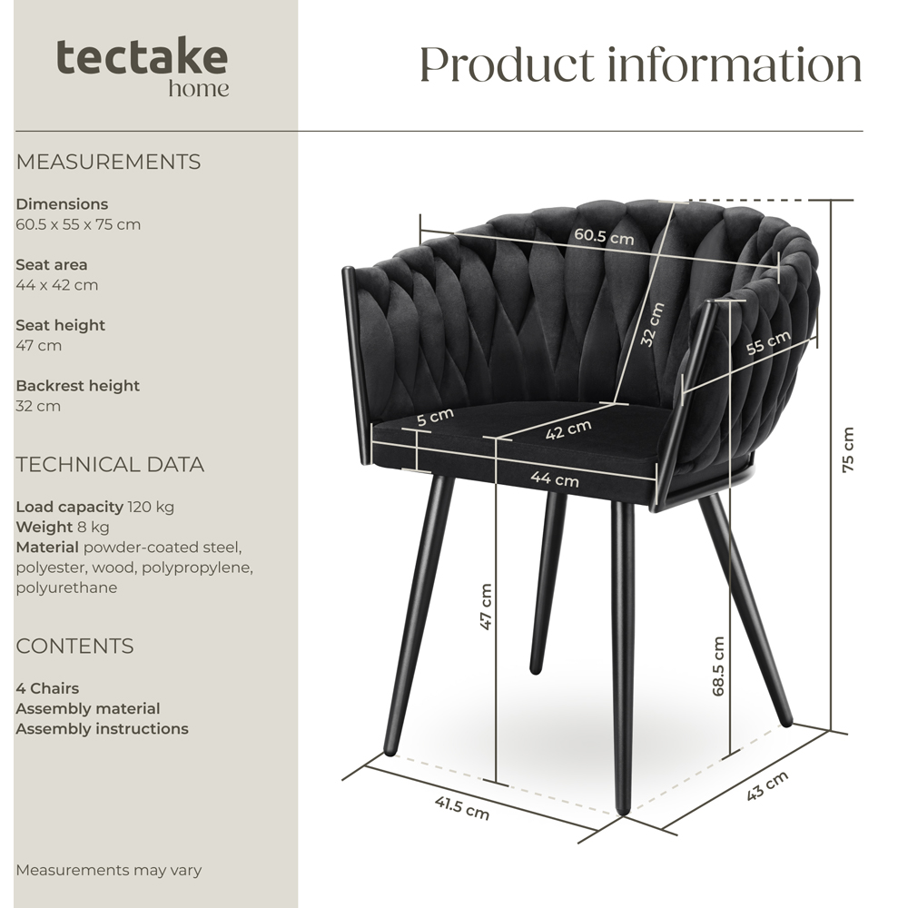 Tectake Astano Set of 4 Black Dining Chair Image 9