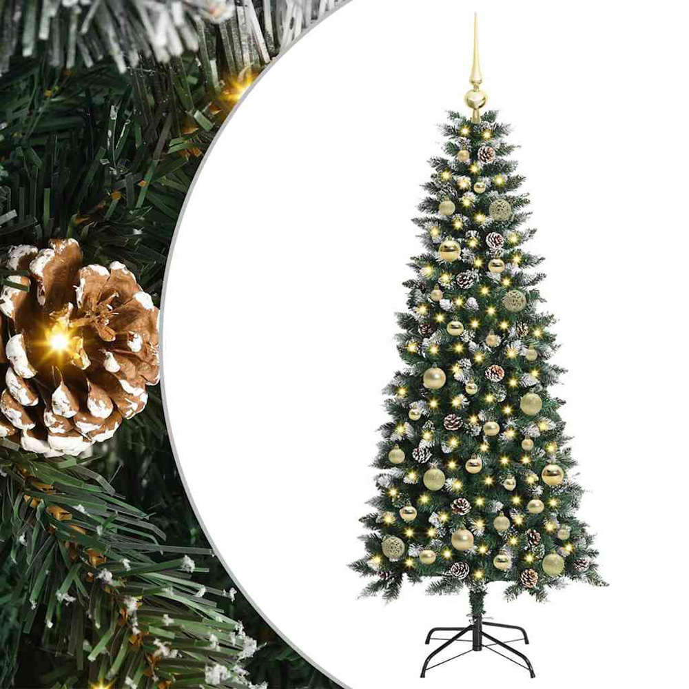 vidaXL Pre-Lit Gold Baubles Green Artificial Snow Tipped Christmas Tree 5ft Image 2