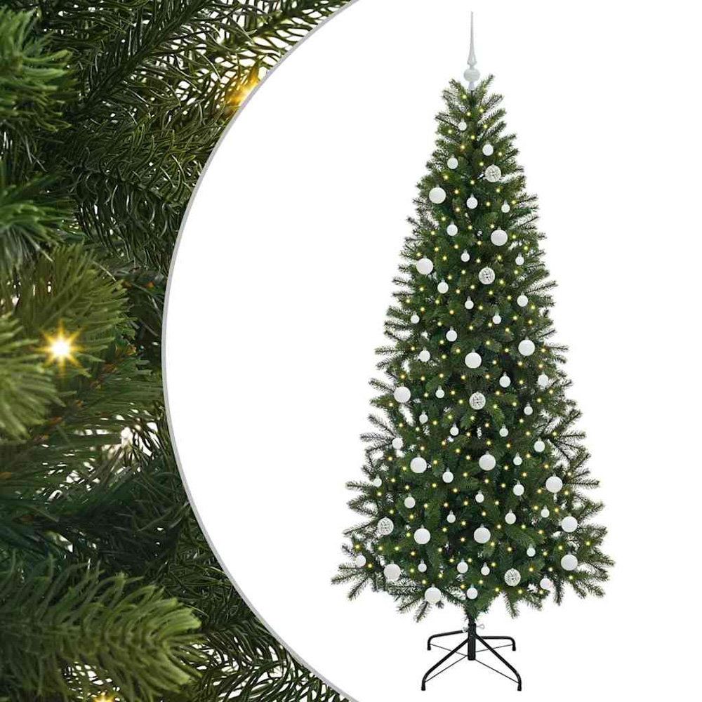 vidaXL Pre-Lit White Baubles Green Artificial Christmas Tree 7ft Image 2