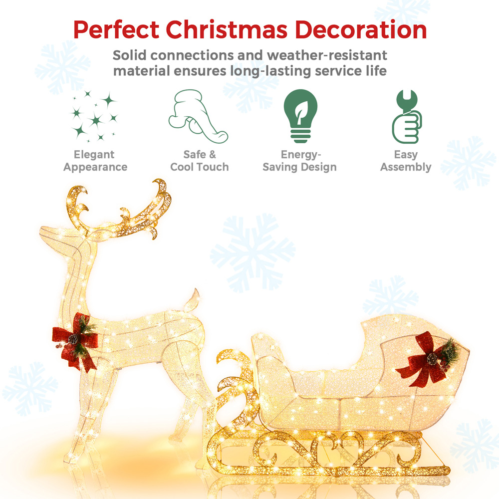 Costway 215 Warm White LED Pre-Lit Reindeer and Santa’s Sleigh Christmas Decoration Image 7