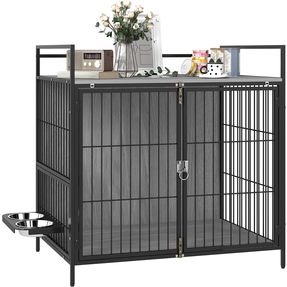 PawHut Grey Medium Dog Crate Furniture with Rotating Bowl Holder Image 1