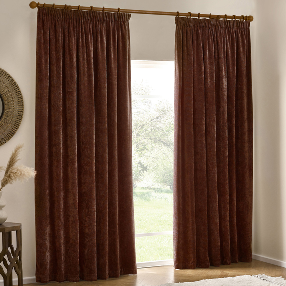 Yard Heavy Nutmeg Chenille Velvet Pencil Pleat Curtains 117 x 137cm Image 1