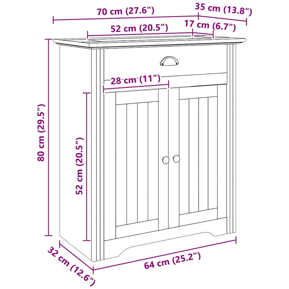 vidaXL Bodo 2 Door Single Drawer Honey Brown Bathroom Cabinet Image 9