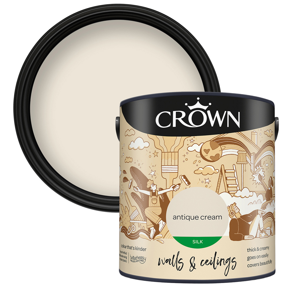 Crown Breatheasy Walls & Ceilings Antique Cream Silk Emulsion Paint 2.5L Image 1
