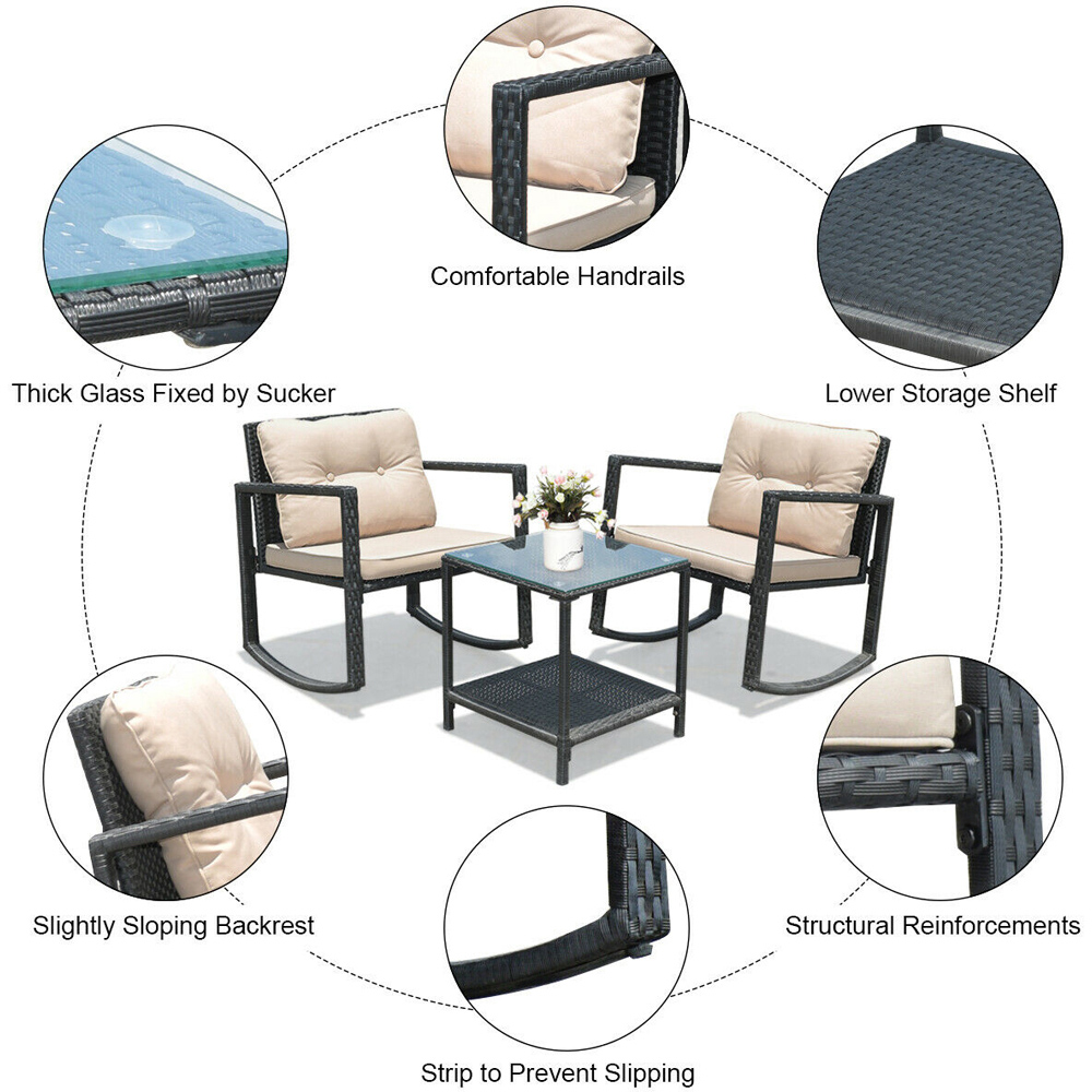 Costway 2 Seater Beige Garden Rocking Bistro Set with Cushion Image 7