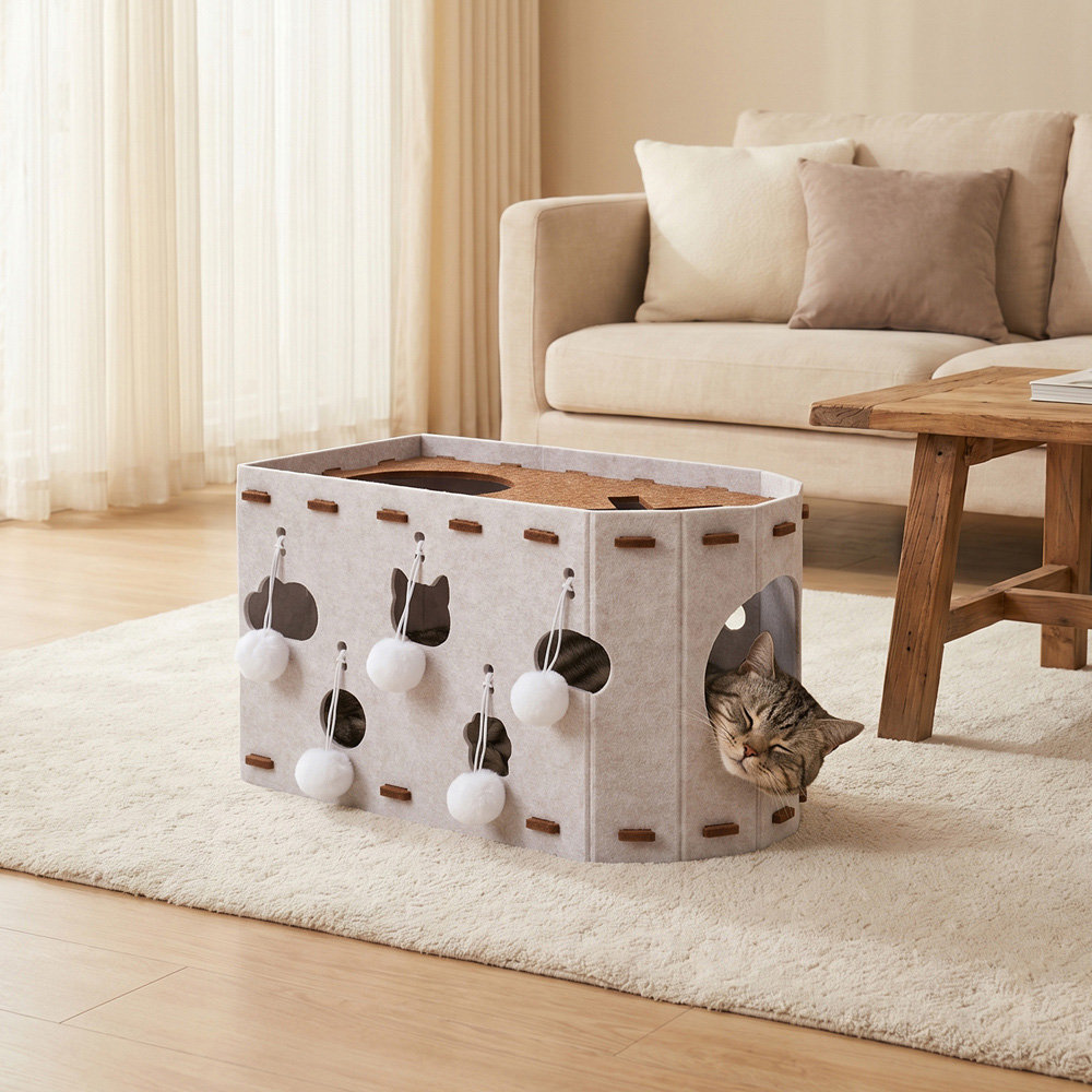 H&O Direct Beige and Brown Felt Cat House with Hanging Fluffy Ball Image 5