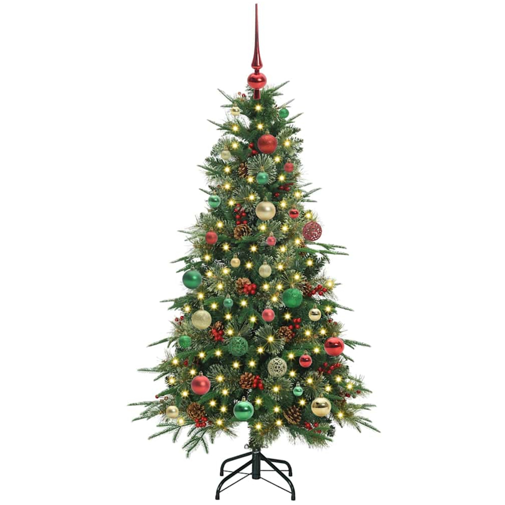 vidaXL Pre-Lit Multicolour Baubles Green Artificial Hinged Christmas Tree 5ft Image 1