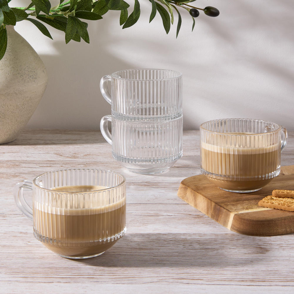 Pack of 4 Ribbed Stackable Glass Mugs Clear Image 2