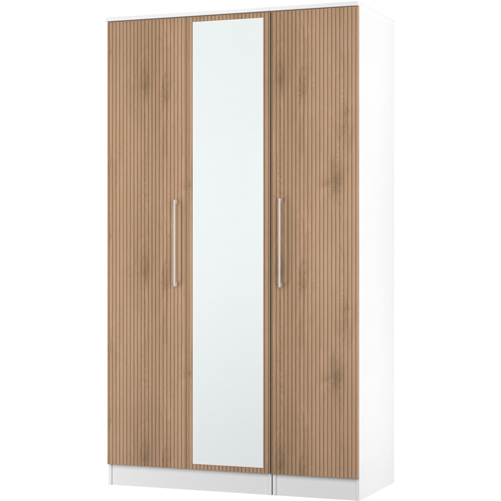 Crowndale Worcester 3 Door Slatt Effect and White Tall Mirrored Wardrobe Ready Assembled Image 3