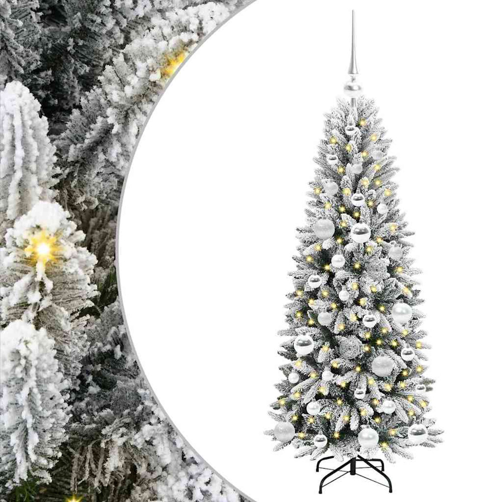 vidaXL Pre-Lit Silver Baubles Artificial Snow Flocked Christmas Tree 4ft Image 2