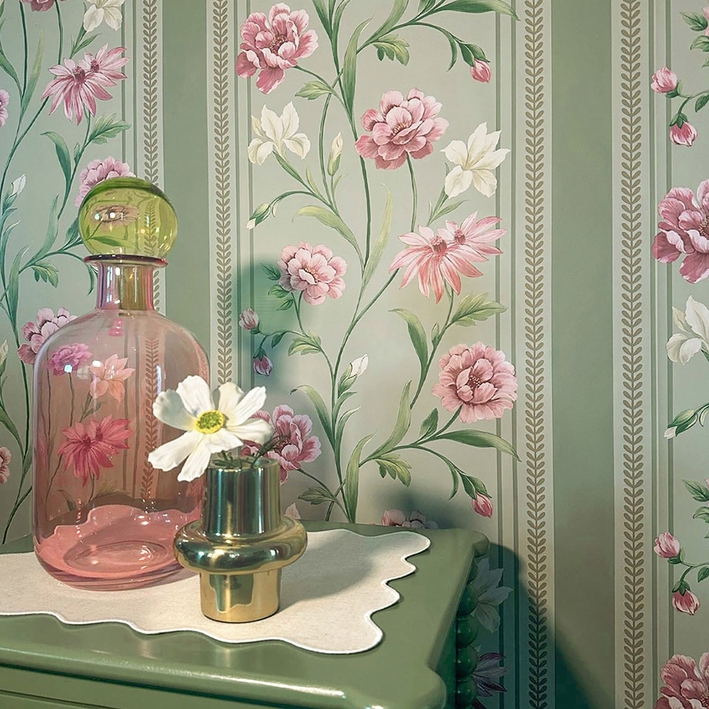 Belgravia Decor Raya Floral Stripe Sage and Pink Wallpaper Image 4