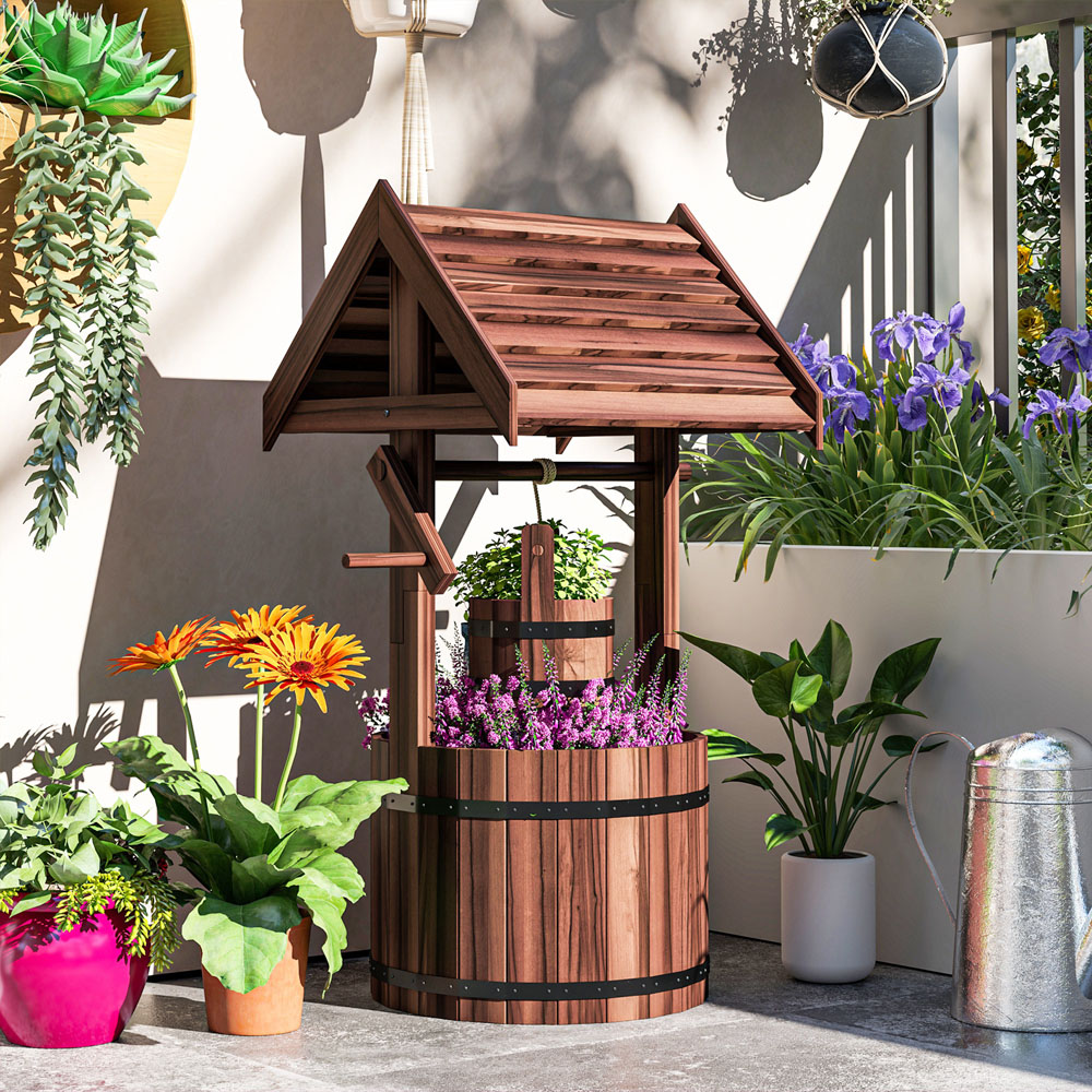Outsunny Wooden Wishing Well Planter with Drainage Hole 100 x 42cm Image 4