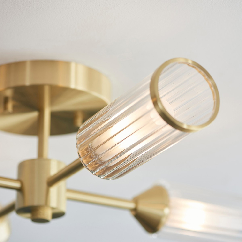 Merano Trieste Clear and Frosted Glass Satin Brass Plate Multi Arm Semi Flush Ceiling Lamp Image 4