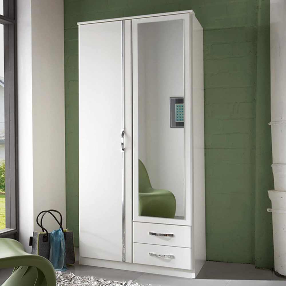 TJ'S Clack 2 Door 2 Drawer White Wardrobe with Mirror Image 1