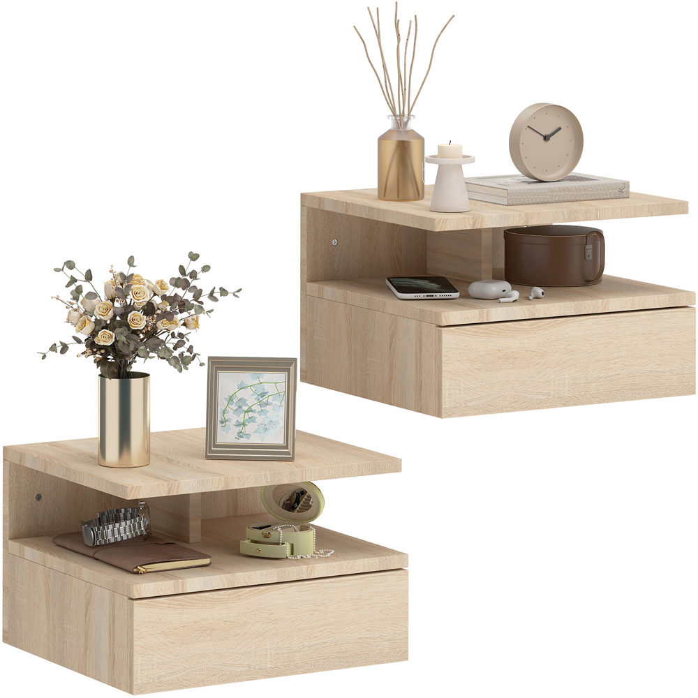 Portland Single Drawer Single Shelf Oak Floating Nightstand Set of 2 Image 2