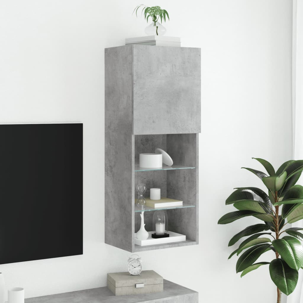 vidaXL Single Door 3 Shelf Concrete Grey Wall Mounted TV Cabinet with LED Lights Image 8