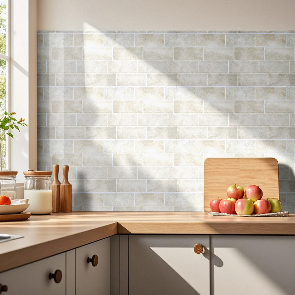 Living and Home Brick Effect Beige Rectangle Self Adhesive Wall Sticker 10 Pack Image 1