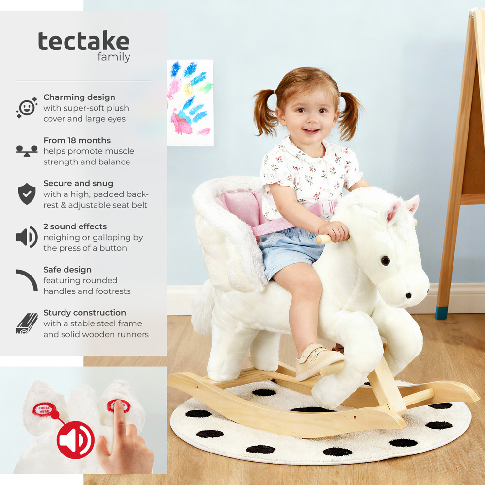 tectake Kids Pink and White Pegasus Plush Cover Wooden Rocking Horse Image 3