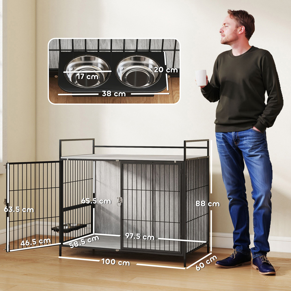 PawHut Grey Large Dog Crate with Rotating Bowl Holder Image 9