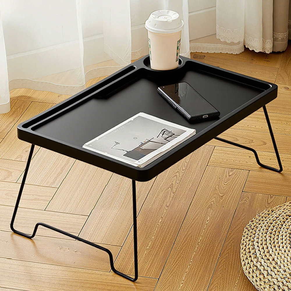 Living and Home Black Foldable Bed Table with Cup Holder Image 1
