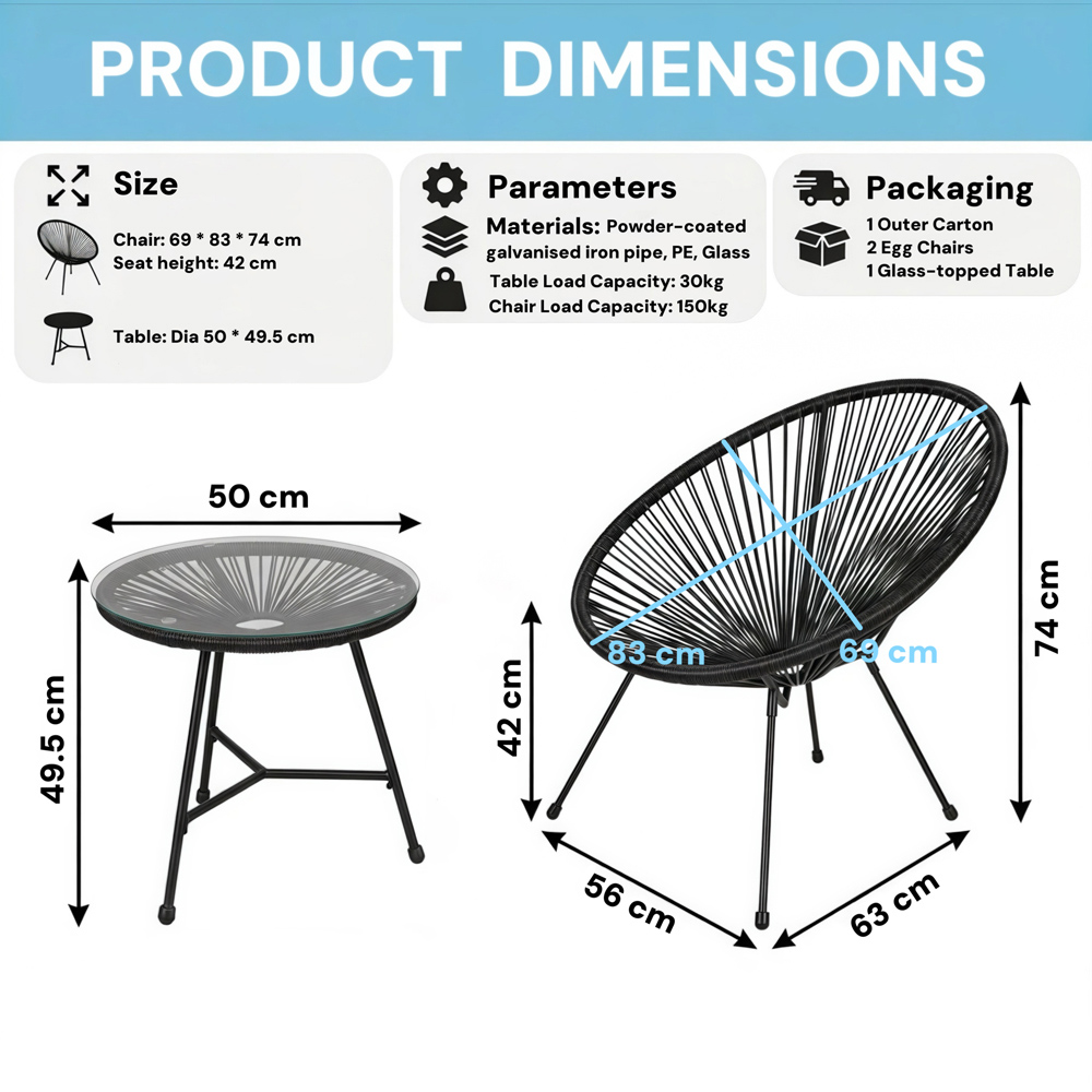 Alivio 2 Seater Black Acapulco-Style Garden Bistro Set with Glass Top Table Image 6