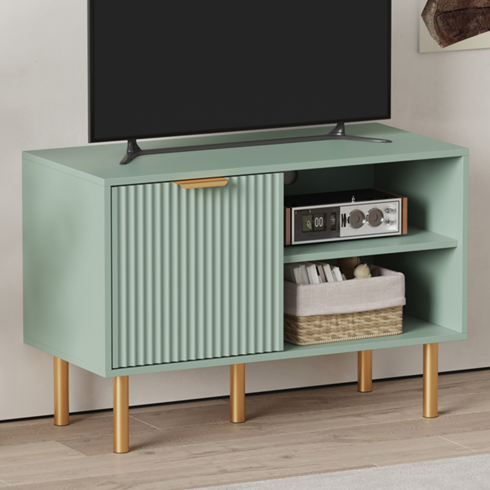 FurnitureHMD Single Door 2 Shelf Green Wave Pattern TV Unit Image 1