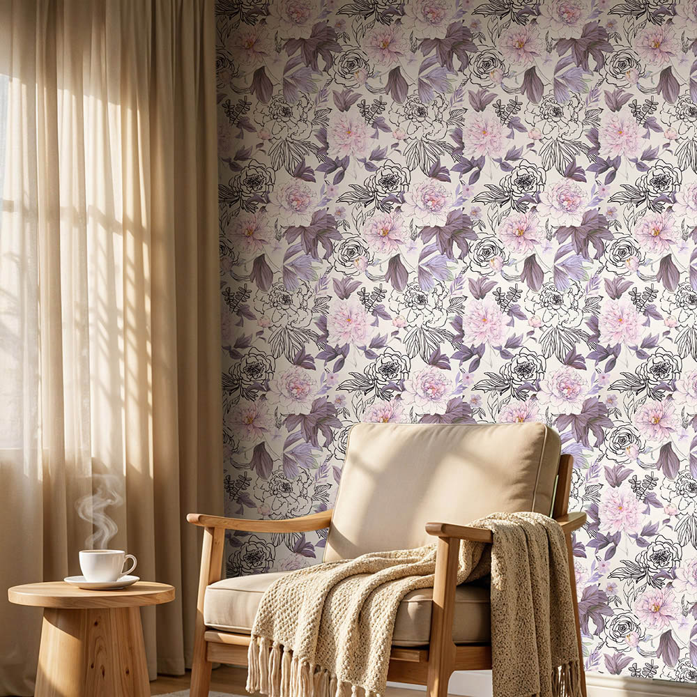 Living and Home Floral Pattern Pink and Purple Peel and Stick Wallpaper Image 7