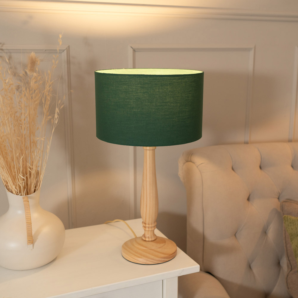 ValueLights Victoria Green Fabric Drum Shade Light Wood Traditional Stem LED Table Lamp Image 2