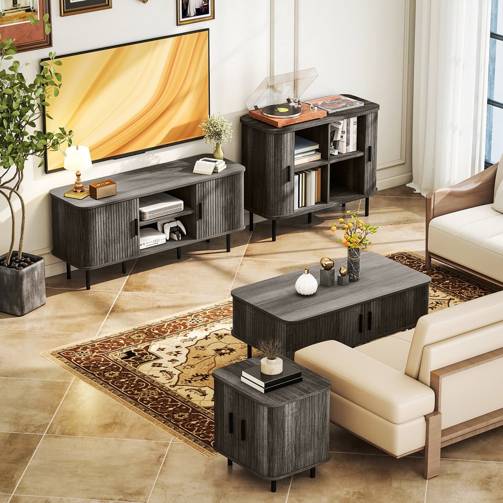 HOMCOM Grey Sideboard Storage Cabinet with Slatted Tambour Sliding Door Image 8