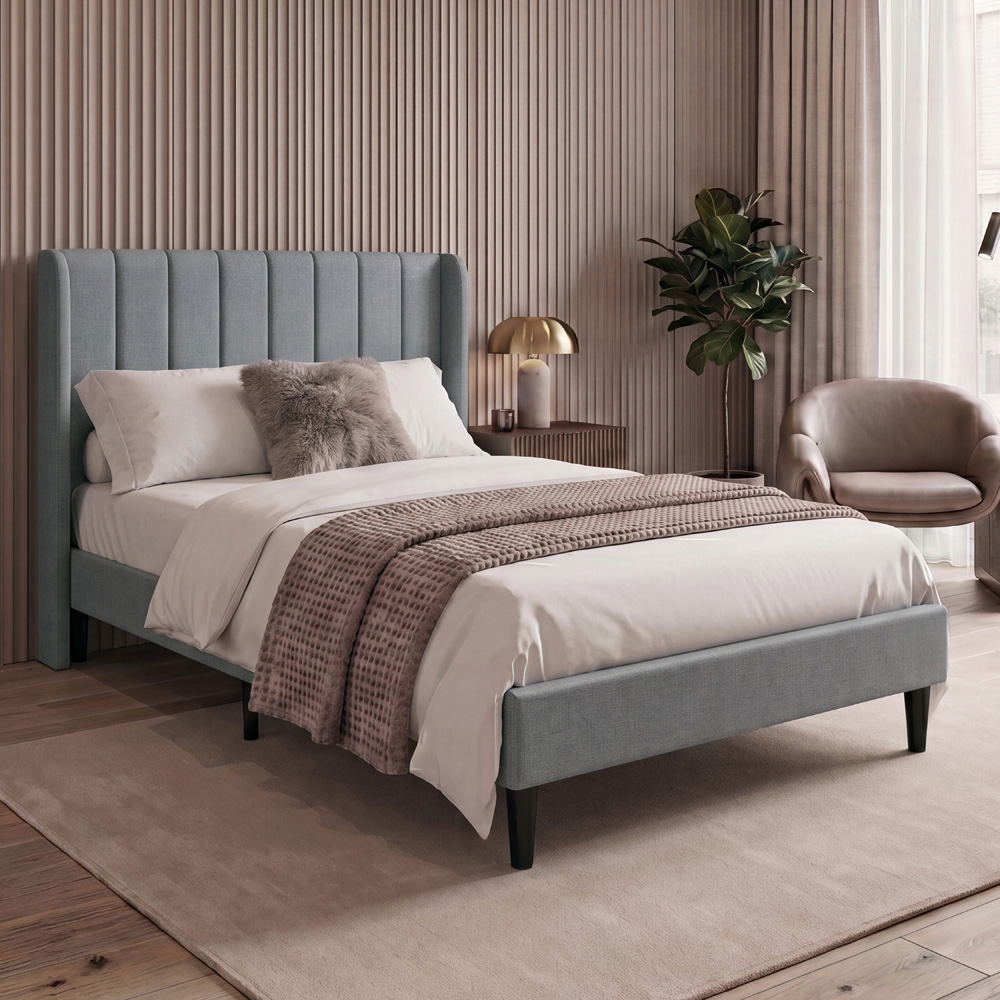 VIDA DESIGNS Vianna Double Light Grey Linen Fabric Bed with Memory Foam Bonnell Spring Mattress Image 1