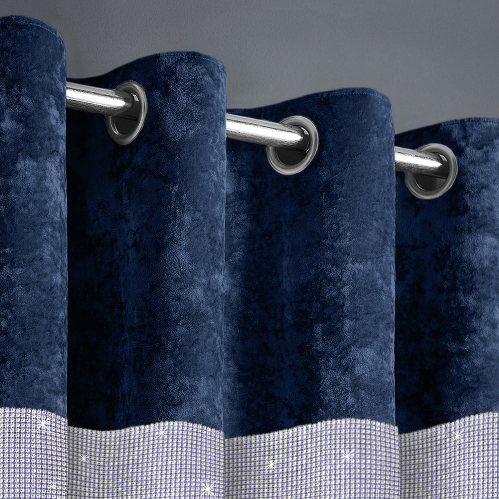 Intimates Diamante Navy Blue Crushed Velvet Eyelet Curtains 223 x 183cm Image 2
