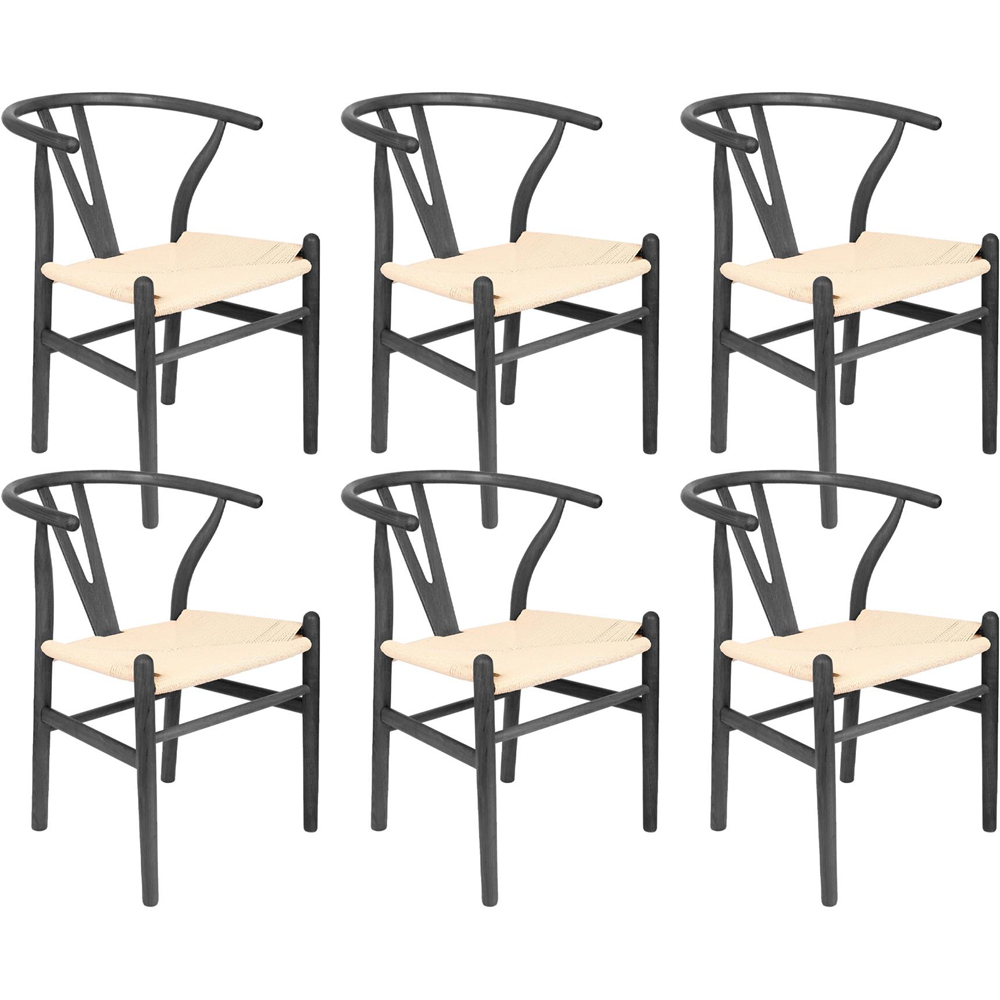 Nicholas Winter Set of 6 Black and Natural Woven Rope Beech Wooden Wishbone Dining Chair Image 2