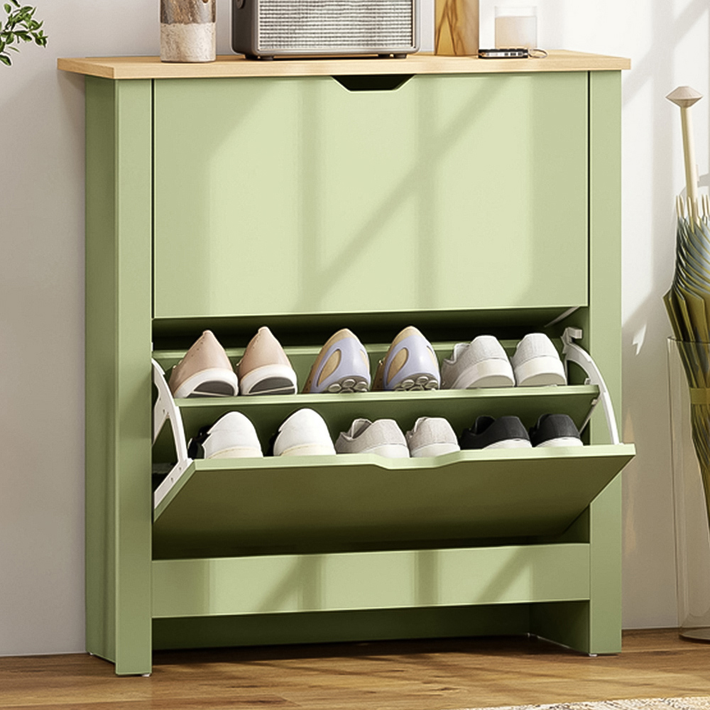 HOMCOM 2 Flip Down Drawer Charcoal Green Shoe Cabinet Image 1