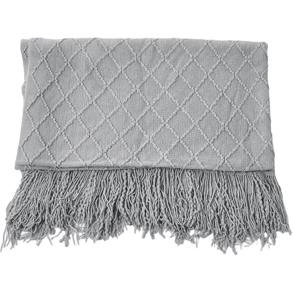 Living and Home Light Grey Diamond Knit Throw Blanket with Tassels 130 x 170cm Image 1