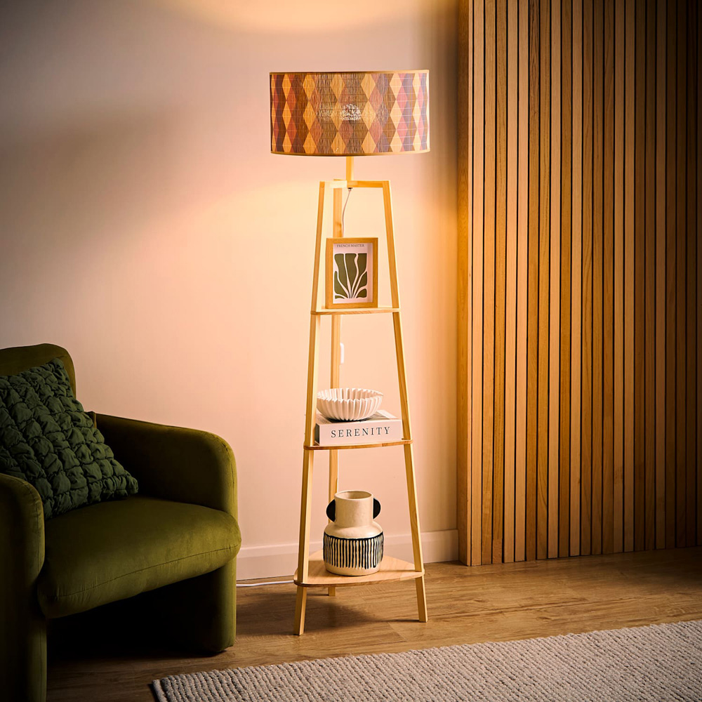 ValueLights Hiru 3 Shelf Diamond Print Bamboo Drum Shade Natural Wooden Floor Lamp with Bulb Image 2